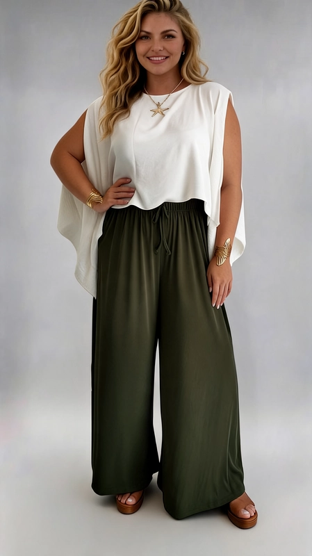 Παντελόνα γυναικεία χακί καλοκαιρινή plus size - PANT191 | Candiashop Boutique, Η παντελόνα αυτή σε βαθύ χακί χρώμα είναι η ιδανική επιλογή για κάθε plus size γυναίκα που αναζητά στυλ και άνεση σε ένα. Με την ευρύχωρη, palazzo γραμμή της, χαρίζει μια ρευστή και κομψή σιλουέτα που κολακεύει κάθε σώμα. Η ελαστική μέση με διακοσμητικό κορδόνι εξασφαλίζει τέλεια εφαρμογή και άνεση καθ' όλη τη διάρκεια της ημέρας, ενώ το απαλό, ελαφρύ ύφασμα πέφτει με χάρη και κινείται άνετα με κάθε βήμα. Το μονόχρωμο σχέδιό της σε ώριμο, γήινο τόνο χακί την καθιστά εξαιρετικά ευέλικτη και εύκολη στον συνδυασμό. Μπορεί να φορεθεί με λευκή, κρεμ ή μπεζ μπλούζα για ένα αέρινο καλοκαιρινό look, αλλά και με ένα fitted top ή ένα εφαρμοστό πουλόβερ για πιο σύνθετα σύνολα. Ιδανική για καθημερινές εξόδους, βόλτες, επαγγελματικά ραντεβού ή χαλαρά βραδινά, αυτή η παντελόνα αποτελεί must-have κομμάτι για κάθε γυναικεία γκαρνταρόμπα.