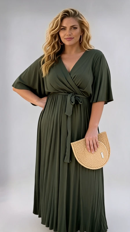 Καλοκαιρινό maxi φόρεμα χακί κρουαζέ  plus size, αμπιγιέ αέρινο και δροσερό. Αν είσαι καλεσμένη σε γάμο ή σε βάπτιση την Άνοιξη και το Καλοκαίρι, αυτό το άνετο και δροσερό φόρεμα θα σε βοηθήσει να κλέψεις τις εντυπώσεις!