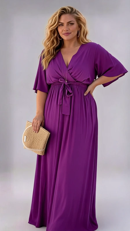 Καλοκαιρινό maxi φόρεμα μοβ κρουαζέ  plus size, αμπιγιέ αέρινο και δροσερό. Αν είσαι καλεσμένη σε γάμο ή σε βάπτιση την Άνοιξη και το Καλοκαίρι, αυτό το άνετο και δροσερό φόρεμα θα σε βοηθήσει να κλέψεις τις εντυπώσεις!