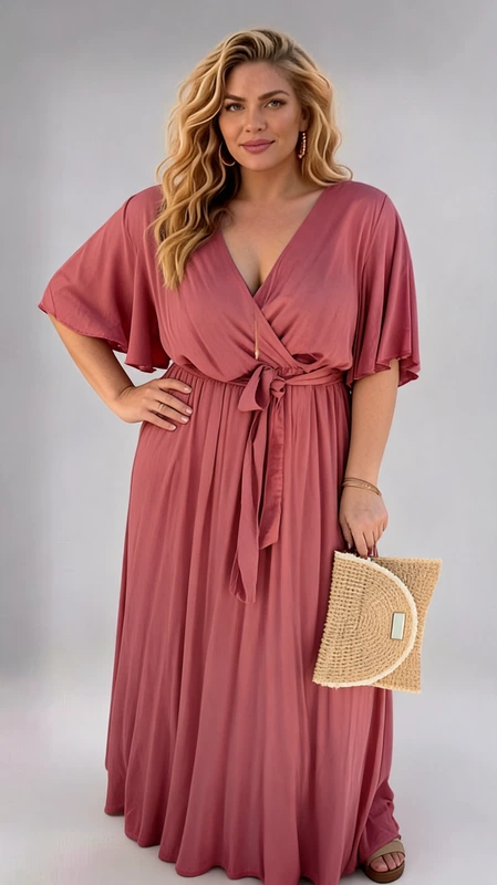 Καλοκαιρινό maxi φόρεμα σομόν κρουαζέ plus size, αμπιγιέ αέρινο και δροσερό. Αν είσαι καλεσμένη σε γάμο ή σε βάπτιση την Άνοιξη και το Καλοκαίρι, αυτό το άνετο και δροσερό φόρεμα θα σε βοηθήσει να κλέψεις τις εντυπώσεις!