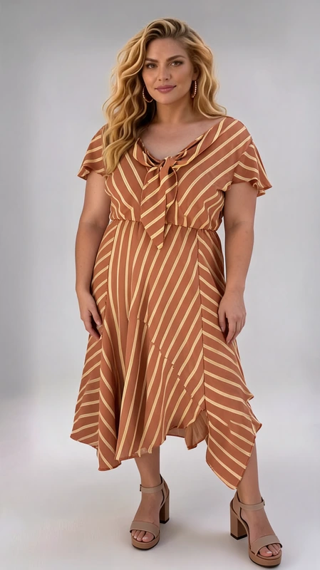 Καλοκαιρινό midi φόρεμα καφέ κρουαζέ plus size, αμπιγιέ αέρινο και δροσερό. Αν είσαι καλεσμένη σε γάμο ή σε βάπτιση την Άνοιξη και το Καλοκαίρι, αυτό το άνετο και δροσερό φόρεμα θα σε βοηθήσει να κλέψεις τις εντυπώσεις!