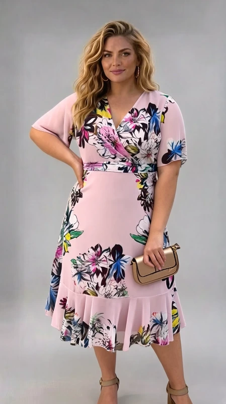 Καλοκαιρινό midi φόρεμα ροζ κρουαζέ plus size, αμπιγιέ αέρινο και δροσερό. Αν είσαι καλεσμένη σε γάμο ή σε βάπτιση την Άνοιξη και το Καλοκαίρι, αυτό το άνετο και δροσερό φόρεμα θα σε βοηθήσει να κλέψεις τις εντυπώσεις!