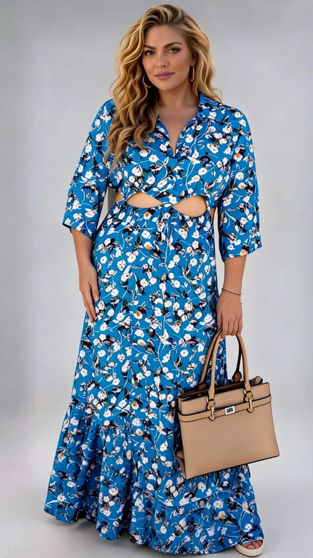 Plus size φόρεμα καλοκαιρινό, μάξι, σεμιζιέ, κοκτέιλ, φλοράλ, γαλάζιο, από σταθερή βισκόζη. Ιδανικό φόρεμα για καλεσμένη σε βάπτιση και γάμο την Άνοιξη και το Καλοκαίρι.