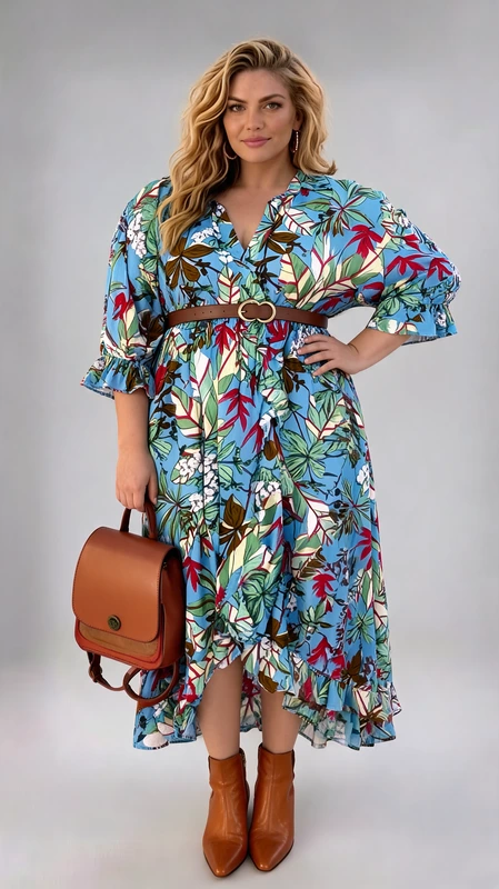 Plus size φόρεμα καλοκαιρινό, κρουαζέ, φλοράλ γαλάζιο, μοντέρνο, από σταθερή βισκόζη