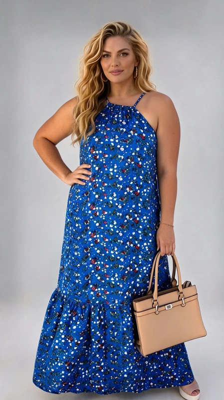 Plus size φόρεμα καλοκαιρινό, μάξι, κοκτέιλ, μάξι, με τιράντα, φλοράλ, γαλάζιο από σταθερή βισκόζη