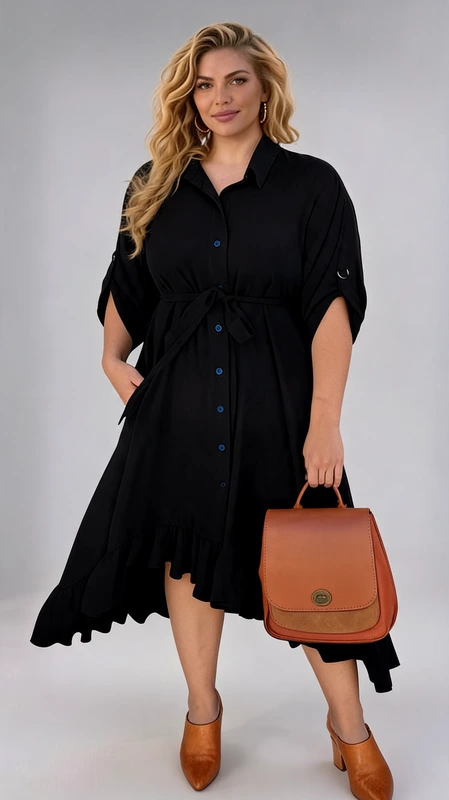 Plus size φόρεμα καλοκαιρινό και ανοιξιάτικο, μαύρο, κρουαζέ, κοκτέιλ, από γκοφρέ ύφασμα.