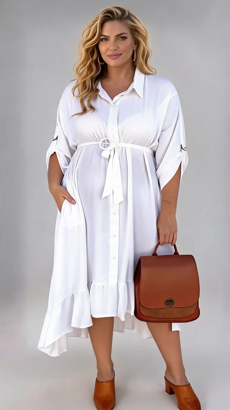 Plus size φόρεμα καλοκαιρινό, μάξι, κρουαζέ, άσπρο, μοντέρνο, από γκοφρέ ύφασμα