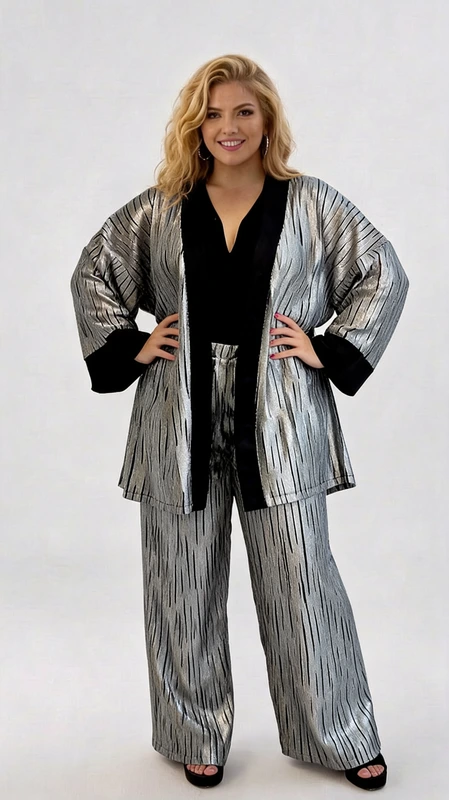 Αυτό το εντυπωσιακό σετ κιμονό σε plus size αποτελεί μια πολυτελή επιλογή για κάθε γυναίκα που αγαπά την κομψότητα και την άνεση. Σε λαμπερό ασημί\u002Dγκρι χρώμα με κάθετες ριγωτές λεπτομέρειες που δημιουργούν ένα εκλεπτυσμένο μεταλλικό εφέ, συνδυάζεται αρμονικά με μαύρες λεπτομέρειες στις μανσέτες και το περίγραμμα. Το σετ περιλαμβάνει ένα φαρδύ κιμονό με φαρδιά μανίκια και μια αντίστοιχη φαρδιά παντελόνα, προσφέροντας άψογη εφαρμογή και ελευθερία κινήσεων. Ιδανικό για βραδινές εξόδους, επίσημες περιστάσεις ή ακόμη και ως πολυτελές loungewear στο σπίτι. Μπορεί να φορεθεί με μαύρο τοπ όπως εικονίζεται, ή να συνδυαστεί με διακριτικά αξεσουάρ σε ασημί τόνους για ένα ολοκληρωμένο look. Το ανάλαφρο ύφασμα με την υπέροχη γυαλιστερή υφή χαρίζει μια αίσθηση πολυτέλειας, ενώ η χαλαρή γραμμή κολακεύει κάθε σωματότυπο. Η διαχρονική κομψότητα του συνόλου το καθιστά μια εξαιρετική επένδυση για την γκαρνταρόμπα σας που θα απολαμβάνετε για πολλές σεζόν.