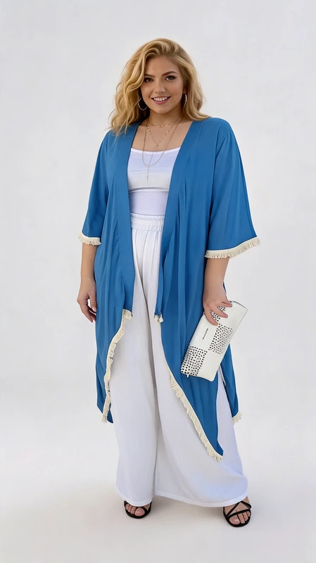 Κιμονό μπλε ραφ plus size γυναικείο μακρύ από σταθερό πανί. Φοριέται άνετα Φθινόπωρο Άνοιξη και το Καλοκαίρι, τόσο στην παραλία όσο και καθημερινά. Σε πιο επίσημες περιστάσεις, όπως γάμος ή και βάπτιση μπορείς να το ταιριάξεις με μια παντελόνα και να κλέψεις τις εντυπώσεις!