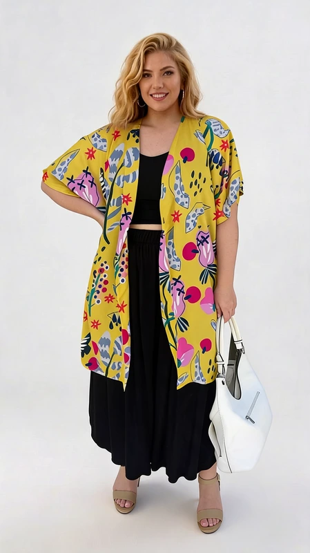 Κιμονό κίτρινο plus size γυναικείο μακρύ από σταθερό πανί. Φοριέται άνετα Φθινόπωρο Άνοιξη και το Καλοκαίρι, τόσο στην παραλία όσο και καθημερινά. Σε πιο επίσημες περιστάσεις, όπως γάμος ή και βάπτιση μπορείς να το ταιριάξεις με μια παντελόνα και να κλέψεις τις εντυπώσεις!