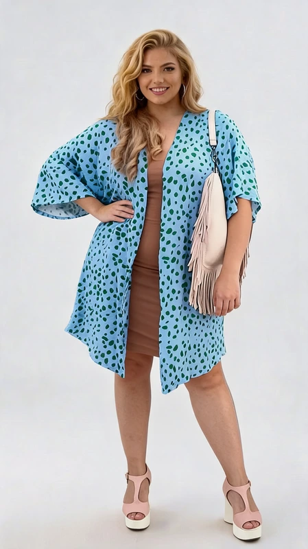 Κιμονό plus size γυναικείο κοντό σε γαλάζιο από σταθερό δροσερό πανί. Φοριέται άνετα την Άνοιξη και το Καλοκαίρι, τόσο στην παραλία όσο και καθημερινά. Σε πιο επίσημες περιστάσεις, όπως γάμος ή και βάπτιση μπορείς να το ταιριάξεις με μια παντελόνα και να κλέψεις τις εντυπώσεις!