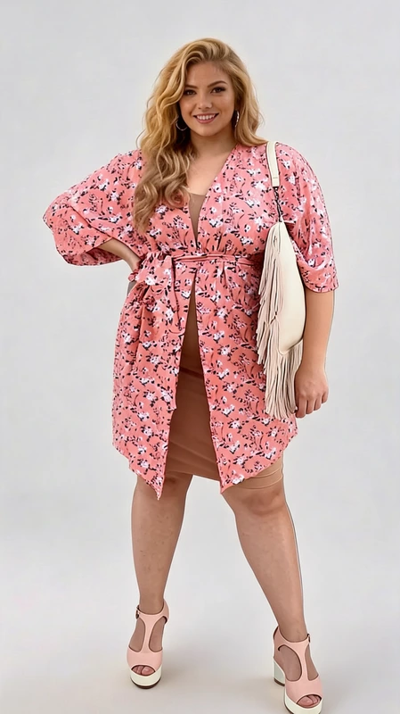 Κιμονό plus size γυναικείο κοντό σε ροζ φλοράλ από σταθερό δροσερό πανί. Φοριέται άνετα την Άνοιξη και το Καλοκαίρι, τόσο στην παραλία όσο και καθημερινά. Σε πιο επίσημες περιστάσεις, όπως γάμος ή και βάπτιση μπορείς να το ταιριάξεις με μια παντελόνα και να κλέψεις τις εντυπώσεις!