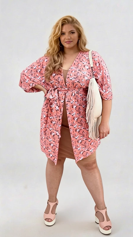 Κιμονό plus size γυναικείο σε ροζ - ΚPS116 | Candiashop Boutique, Κιμονό plus size γυναικείο κοντό σε ροζ φλοράλ από σταθερό δροσερό πανί. Φοριέται άνετα την Άνοιξη και το Καλοκαίρι, τόσο στην παραλία όσο και καθημερινά. Σε πιο επίσημες περιστάσεις, όπως γάμος ή και βάπτιση μπορείς να το ταιριάξεις με μια παντελόνα και να κλέψεις τις εντυπώσεις!
