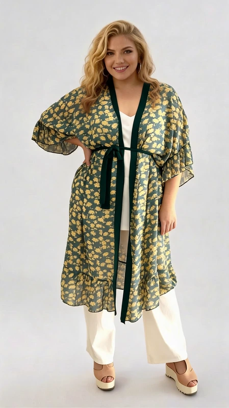 Κιμονό plus size γυναικείο μακρύ σε πράσινο κίτρινο φλοράλ από σταθερό δροσερό πανί. Φοριέται άνετα την Άνοιξη και το Καλοκαίρι, τόσο στην παραλία όσο και καθημερινά. Σε πιο επίσημες περιστάσεις, όπως γάμος ή και βάπτιση μπορείς να το ταιριάξεις με μια παντελόνα και να κλέψεις τις εντυπώσεις!