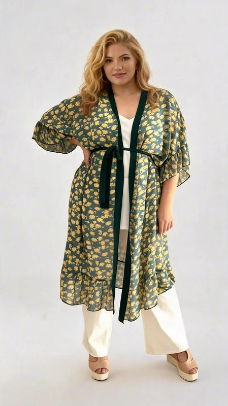 Κιμονό plus size γυναικείο σε πράσινο κίτρινο - ΚPS113 | Candiashop Boutique, Κιμονό plus size γυναικείο μακρύ σε πράσινο κίτρινο φλοράλ από σταθερό δροσερό πανί. Φοριέται άνετα την Άνοιξη και το Καλοκαίρι, τόσο στην παραλία όσο και καθημερινά. Σε πιο επίσημες περιστάσεις, όπως γάμος ή και βάπτιση μπορείς να το ταιριάξεις με μια παντελόνα και να κλέψεις τις εντυπώσεις!