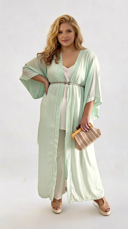 Κιμονό plus size γυναικείο σε μέντα - ΚPS108 | Candiashop Boutique, Κιμονό plus size γυναικείο μακρύ μέντα από σταθερό δροσερό πανί, δεν συμπεριλαμβάνεται το ζωνάκι. Φοριέται άνετα την Άνοιξη και το Καλοκαίρι, τόσο στην παραλία όσο και καθημερινά. Σε πιο επίσημες περιστάσεις, όπως γάμος ή και βάπτιση μπορείς να το ταιριάξεις με μια παντελόνα και να κλέψεις τις εντυπώσεις!