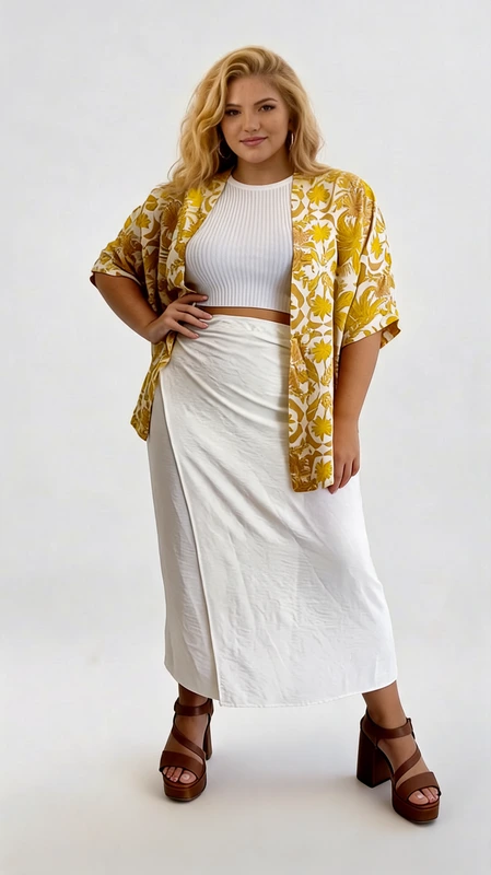 Κιμονό plus size κίτρινο - KPS140 | Candiashop Boutique, Αναδείξτε το καλοκαιρινό σας στυλ με αυτό το εντυπωσιακό κιμονό σε μεγάλα μεγέθη. Το ζωηρό ώχρα-χρυσαφί χρώμα με το πλούσιο φλοράλ μοτίβο σε λευκές αποχρώσεις προσφέρει μια αίσθηση κομψότητας και θηλυκότητας. Διαθέτει φαρδιά μανίκια τύπου kimono που φτάνουν μέχρι τον αγκώνα, προσφέροντας άνεση και αέρινη εφαρμογή. Η ανοιχτή γραμμή μπροστά επιτρέπει ευελιξία στο στυλιζάρισμα. Ιδανικό για καλοκαιρινές εξορμήσεις, μπορεί να φορεθεί πάνω από μαγιό για μια κομψή εμφάνιση στην παραλία, ή συνδυασμένο με ένα λευκό crop top και φούστα όπως στη φωτογραφία για καθημερινές εμφανίσεις. Επίσης, ταιριάζει υπέροχα με τζιν παντελόνι και απλό τοπ για πιο casual περιστάσεις. Το ελαφρύ, αέρινο ύφασμα εξασφαλίζει άνεση ακόμα και στις πιο ζεστές καλοκαιρινές ημέρες, ενώ το εντυπωσιακό σχέδιο θα σας χαρίσει στιλ και αυτοπεποίθηση σε κάθε περίσταση.
