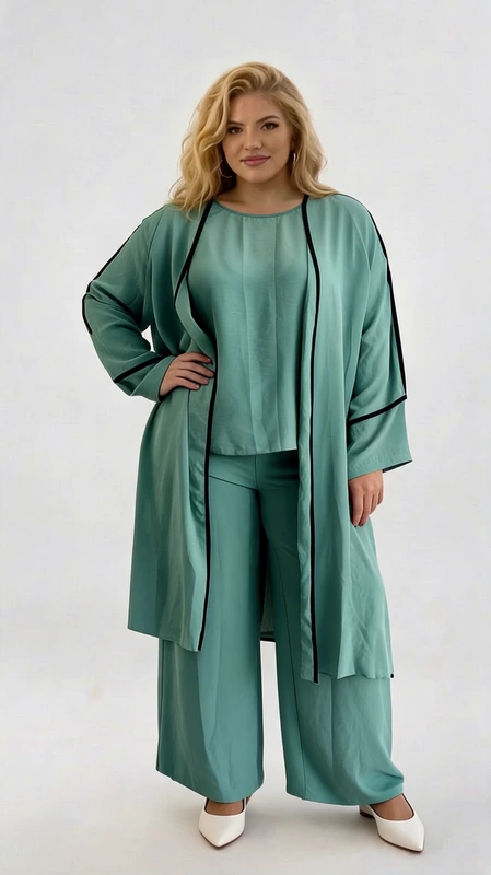 Κιμονό plus size μέντα - KPS146 | Candiashop Boutique, Κομψό σετ κιμονό σε υπέροχη απόχρωση βεραμάν με μαύρες λεπτομέρειες που προσθέτουν μια κομψή αντίθεση στο σύνολο. Το σετ αποτελείται από ένα μακρύ κιμονό με φαρδιά μανίκια, μια απλή μπλούζα και φαρδύ παντελόνι palazzo, δημιουργώντας ένα αέρινο και άνετο σύνολο για καθημερινή χρήση. Η ρευστή υφή του υφάσματος χαρίζει κίνηση και θηλυκότητα, ενώ η χαλαρή γραμμή κολακεύει κάθε σωματότυπο. Ιδανικό για τις καλοκαιρινές βραδιές, μπορεί να φορεθεί τόσο στο σπίτι για απόλυτη άνεση όσο και σε καλοκαιρινές εξόδους συνδυασμένο με λευκά παπούτσια όπως στη φωτογραφία ή με σανδάλια για πιο casual εμφανίσεις. Οι μαύρες λεπτομέρειες στις άκρες του κιμονό προσδίδουν μια διαχρονική κομψότητα, ενώ η απαλή, αέρινη υφή του υφάσματος εξασφαλίζει δροσιά και άνεση ακόμα και τις πιο ζεστές ημέρες. Ένα πολυμορφικό σύνολο που συνδυάζει την κομψότητα με την πρακτικότητα.