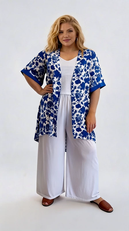 Κιμονό plus size μπλε ρουά - KPS132 | Candiashop Boutique, Αναδείξτε το καλοκαιρινό σας στυλ με αυτό το εντυπωσιακό κιμονό σε μεγάλα μεγέθη, που συνδυάζει κομψότητα και άνεση. Το έντονο βασιλικό μπλε μοτίβο με λουλούδια σε λευκό φόντο δημιουργεί μια εξαιρετική αντίθεση που τραβάει αμέσως τα βλέμματα. Τα φαρδιά μανίκια τριών τετάρτων με το μπλε τελείωμα προσφέρουν ένα κομψό στοιχείο στο σύνολο, ενώ η χαλαρή γραμμή του εξασφαλίζει άνετη εφαρμογή σε κάθε σωματότυπο. Φορέστε το πάνω από λευκά ρούχα όπως φαίνεται στην εικόνα για μια δροσερή καλοκαιρινή εμφάνιση, ή συνδυάστε το με τζιν και μπλούζα για καθημερινές εξορμήσεις. Είναι ιδανικό για παραλία ως κάλυμμα μαγιό, αλλά και για απογευματινούς καφέδες ή βραδινές βόλτες. Το ελαφρύ ύφασμα και η ρέουσα υφή του προσφέρουν δροσιά τις ζεστές μέρες, ενώ η ανοιχτή γραμμή μπροστά επιτρέπει πολλαπλούς συνδυασμούς. Ένα must-have κομμάτι για το καλοκαιρινό σας ντουλάπα που θα απογειώσει κάθε σας εμφάνιση.