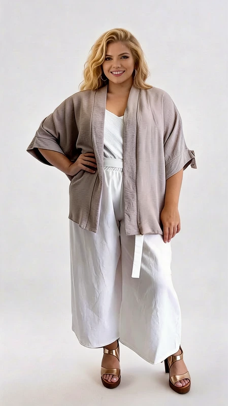 Αυτό το κομψό κιμονό plus size σε απαλό μπεζ\u002Dγκρι (γκρι της πούδρας) αποτελεί την ιδανική προσθήκη στη γκαρνταρόμπα σας για άνεση και στυλ. Με φαρδιά, χαλαρή γραμμή και μανίκια 3/4, προσφέρει μια αέρινη αίσθηση που κολακεύει κάθε σωματότυπο. Το ελαφρύ, αναπνεύσιμο ύφασμα είναι ιδανικό για τις ζεστές καλοκαιρινές ημέρες αλλά και για τις δροσερές βραδιές της άνοιξης και του φθινοπώρου. Μπορεί να φορεθεί άψογα πάνω από λευκά ρούχα όπως φαίνεται στην εικόνα, δημιουργώντας μια κομψή αντίθεση, αλλά συνδυάζεται εξίσου όμορφα με τζιν, φορέματα ή παντελόνες σε ουδέτερα χρώματα. Το απλό, διαχρονικό σχέδιό του χωρίς κουμπιά ή άλλα κλεισίματα επιτρέπει εύκολο φόρεμα και άνετη εφαρμογή. Ιδανικό για καθημερινές εξόδους, χαλαρές βόλτες στην παραλία ή ακόμα και για ένα ανεπίσημο επαγγελματικό περιβάλλον. Αυτό το πολυμορφικό κιμονό θα γίνει γρήγορα το αγαπημένο σας κομμάτι για στιλάτες εμφανίσεις με μηδενική προσπάθεια.