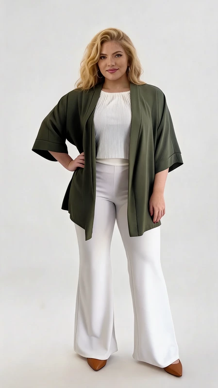 Κιμονό plus size χακί - KPS145 | Candiashop Boutique, Αυτό το κομψό κιμονό σε χρώμα χακί είναι η τέλεια προσθήκη στη γκαρνταρόμπα σας για όλες τις εποχές. Με την άνετη, φαρδιά γραμμή του και τα μανίκια τριών τετάρτων, προσφέρει μια κολακευτική σιλουέτα που αγκαλιάζει όμορφα το σώμα. Το απαλό, ρέον ύφασμα δημιουργεί μια αίσθηση πολυτέλειας, ενώ η ανοιχτή γραμμή μπροστά επιτρέπει πολλαπλούς τρόπους styling. Φορέστε το πάνω από ένα λευκό τοπ και παντελόνι για μια κομψή εμφάνιση γραφείου, όπως φαίνεται στην εικόνα, ή συνδυάστε το με τζιν για πιο casual περιστάσεις. Είναι ιδανικό για μεταβατικές εποχές και βραδινές εξόδους, προσφέροντας ελαφριά κάλυψη με στυλ. Το κιμονό διαθέτει καθαρές γραμμές και μινιμαλιστικό σχεδιασμό που το καθιστά διαχρονικό κομμάτι για κάθε ντουλάπα. Το χακί χρώμα του είναι εύκολο να συνδυαστεί με διάφορες αποχρώσεις, ενώ η ποιότητα κατασκευής του εγγυάται άνεση και αντοχή στο χρόνο. Ένα απαραίτητο κομμάτι που προσθέτει κομψότητα σε κάθε σας εμφάνιση.