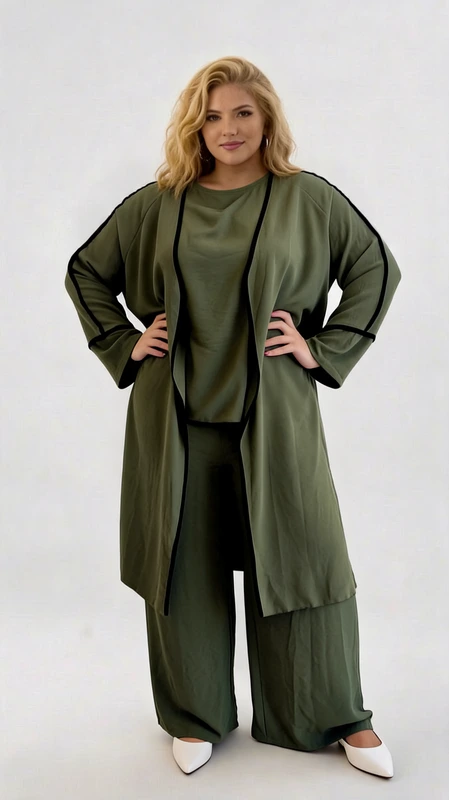 Κιμονό plus size χακί - KPS149 | Candiashop Boutique, Κομψό σετ κιμονό σε χακί πράσινο χρώμα, ιδανικό για γυναίκες που αγαπούν το άνετο αλλά στιλάτο ντύσιμο. Το σύνολο αποτελείται από ένα μακρύ, φαρδύ κιμονό με μαύρες λεπτομέρειες στις άκρες και κατά μήκος των μανικιών, συνδυασμένο με μια απλή μπλούζα και φαρδύ παντελόνι στην ίδια χακί απόχρωση. Τα φαρδιά μανίκια και η χαλαρή γραμμή του κιμονό προσφέρουν άνεση και αέρινη αίσθηση, ενώ η μαύρη διακοσμητική ρίγα προσθέτει μια κομψή λεπτομέρεια που αναβαθμίζει το σύνολο. Ιδανικό για καθημερινές εμφανίσεις, για περιστάσεις χαλάρωσης στο σπίτι ή για απογευματινές εξόδους όταν συνδυάζεται με τα κατάλληλα αξεσουάρ. Μπορεί να φορεθεί με λευκά sneakers για casual εμφανίσεις, όπως φαίνεται στην εικόνα, ή με κομψά πέδιλα για πιο επίσημες περιστάσεις. Η ποιοτική, ελαφριά ύφανση του υφάσματος εξασφαλίζει άνεση καθ' όλη τη διάρκεια της ημέρας, ενώ η χαλαρή εφαρμογή κολακεύει κάθε σωματότυπο.