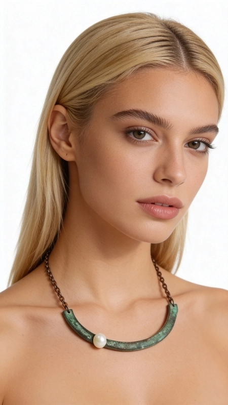 Ανακαλύψτε τη μαγεία του χειροποίητου κοσμήματος με αυτό το εντυπωσιακό γυναικείο κολιέ σε σχήμα ημικύκλιου, σχεδιασμένο από την Ελληνίδα Σχεδιάστρια Κοσμημάτων Αικατερίνη Χαλκιαδάκη. Το μοναδικό αυτό statement κολιέ συνδυάζει τον οξειδωμένο χαλκό σε πράσινες αποχρώσεις με την κλασική κομψότητα του λευκού μαργαριταριού, δημιουργώντας ένα κόσμημα που ξεχωρίζει.\u000AΗ ημικυκλική σιλουέτα προσφέρει μοντέρνο στιλ και γεωμετρική αισθητική, ενώ το φυσικό patina του χαλκού σε πράσινες αποχρώσεις δίνει χαρακτήρα και αυθεντικότητα. Το λευκό μαργαριτάρι που διακοσμεί το κολιέ προσθέτει μια νότα κλασικής κομψότητας, δημιουργώντας την τέλεια αντίθεση με το οξειδωμένο μέταλλο.\u000AΙδανικό για layering με άλλα κολιέ ή ως αυτόνομο statement piece, αυτό το χειροποίητο κόσμημα μεταμορφώνει κάθε εμφάνιση από casual σε sophisticated. Η ανατομική του φόρμα εφαρμόζει άνετα στον λαιμό, ενώ η χάλκινη αλυσίδα εξασφαλίζει άνεση και στιλ.\u000AΥλικό: Χαλκός \u000AΠέτρα: Μαργαριτάρι