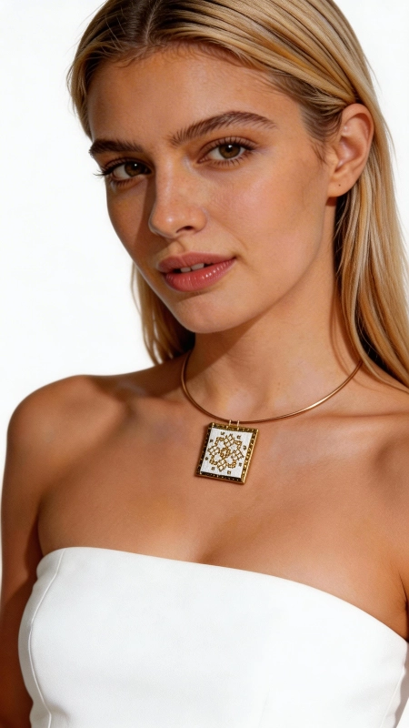 Κολιέ κεντητό άσπρο με γεωμετρικά σχέδια από χρυσοκλωστή δεμένο με ορείχαλκο - KOL-4716, Ανακαλύψτε την κομψότητα του κεντητού κολιέ με γεωμετρικά σχέδια σε άσπρη απόχρωση, ένα μοναδικό χειροποίητο κόσμημα που συνδυάζει την παραδοσιακή τέχνη του κεντήματος με σύγχρονη αισθητική. Σχεδιασμένο από την Ελληνίδα Σχεδιάστρια Κοσμημάτων Αικατερίνη Χαλκιαδάκη, αυτό το εντυπωσιακό statement κολιέ προσφέρει μια εκλεπτυσμένη πινελιά σε κάθε εμφάνιση. Το κεντητό pendant με χρυσοκλωστή δημιουργεί μια εκπληκτική αντίθεση πάνω στο άσπρο ύφασμα, ενώ η τετραγωνική του φόρμα προσδίδει γεωμετρική αρμονία. Το χρυσό choker που το συνοδεύει στο λαιμό δημιουργεί ένα σύνολο που εκπέμπει σύγχρονη κομψότητα. Ιδανικό για layering με άλλα κολιέ ή μόνο του ως εντυπωσιακό statement κόσμημα. Αυτό το χειροποίητο κολιέ αποτελεί την τέλεια επιλογή για γυναίκες που εκτιμούν τη μοναδικότητα και την ποιότητα των ελληνικών κοσμημάτων. Συνδυάζεται υπέροχα με καλοκαιρινά outfits και προσδίδει μια εθνική πινελιά σε κάθε εμφάνιση. Φροντίστε το κολιέ σας αποθηκεύοντάς το σε στεγνό μέρος μακριά από χημικά και αρώματα για να διατηρήσει τη λάμψη του. Υλικό: Ορείχαλκος, Ύφασμα