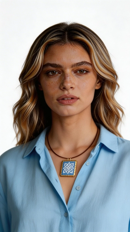 Το κεντητό κολιέ με γεωμετρικά σχέδια σε γαλάζια απόχρωση αποτελεί ένα εντυπωσιακό κόσμημα που συνδυάζει την παραδοσιακή τέχνη του κεντήματος με τη σύγχρονη αισθητική. Σχεδιασμένο από την Ελληνίδα Σχεδιάστρια Κοσμημάτων Αικατερίνη Χαλκιαδάκη, αυτό το μοναδικό statement κολιέ φέρει λεπτομερή γεωμετρικά μοτίβα κεντημένα με χρυσοκλωστή σε γαλάζιο υπόβαθρο. Το χειροποίητο κολιέ διαθέτει τετράγωνο σχήμα που προσδίδει μοντέρνα elegance στην παραδοσιακή τεχνική του κεντήματος. Η χρυσοκλωστή δημιουργεί λαμπερές λεπτομέρειες που ξεχωρίζουν πάνω στο γαλάζιο ύφασμα, ενώ ο ορείχαλκος προσθέτει κομψότητα και αντοχή. Το μακρύ κολιέ είναι ιδανικό για layering ή ως αυτόνομο statement piece. Αυτό το εντυπωσιακό κεντητό κολιέ συνδυάζεται τέλεια με λευκά, γαλάζια ή χρυσαφί ρούχα. Για τη διατήρηση της ομορφιάς του, αποφύγετε την επαφή με νερό και αποθηκεύστε το σε στεγνό μέρος. Υλικό: Ορείχαλκος, Ύφασμα