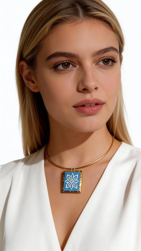 Κολιέ κεντητό γαλάζιο με γεωμετρικά σχέδια από χρυσοκλωστή δεμένο με ορείχαλκο - KOL-4708, Το κεντητό κολιέ με γεωμετρικά σχέδια σε γαλάζια απόχρωση αποτελεί ένα εντυπωσιακό κόσμημα που συνδυάζει την παραδοσιακή τέχνη του κεντήματος με τη σύγχρονη αισθητική. Σχεδιασμένο από την Ελληνίδα Σχεδιάστρια Κοσμημάτων Αικατερίνη Χαλκιαδάκη, αυτό το μοναδικό statement κολιέ φέρει λεπτομερή γεωμετρικά μοτίβα κεντημένα με χρυσοκλωστή σε γαλάζιο υπόβαθρο. Το χειροποίητο κολιέ διαθέτει τετράγωνο σχήμα που προσδίδει μοντέρνα elegance στην παραδοσιακή τεχνική του κεντήματος. Η χρυσοκλωστή δημιουργεί λαμπερές λεπτομέρειες που ξεχωρίζουν πάνω στο γαλάζιο ύφασμα, ενώ ο ορείχαλκος προσθέτει κομψότητα και αντοχή. Το μακρύ κολιέ είναι ιδανικό για layering ή ως αυτόνομο statement piece. Αυτό το εντυπωσιακό κεντητό κολιέ συνδυάζεται τέλεια με λευκά, γαλάζια ή χρυσαφί ρούχα. Για τη διατήρηση της ομορφιάς του, αποφύγετε την επαφή με νερό και αποθηκεύστε το σε στεγνό μέρος. Υλικό: Ορείχαλκος, Ύφασμα