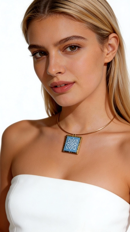 Κολιέ κεντητό γαλάζιο με γεωμετρικά σχέδια από χρυσοκλωστή δεμένο με ορείχαλκο - KOL-4708, Το κεντητό κολιέ με γεωμετρικά σχέδια σε γαλάζια απόχρωση αποτελεί ένα εντυπωσιακό κόσμημα που συνδυάζει την παραδοσιακή τέχνη του κεντήματος με τη σύγχρονη αισθητική. Σχεδιασμένο από την Ελληνίδα Σχεδιάστρια Κοσμημάτων Αικατερίνη Χαλκιαδάκη, αυτό το μοναδικό statement κολιέ φέρει λεπτομερή γεωμετρικά μοτίβα κεντημένα με χρυσοκλωστή σε γαλάζιο υπόβαθρο. Το χειροποίητο κολιέ διαθέτει τετράγωνο σχήμα που προσδίδει μοντέρνα elegance στην παραδοσιακή τεχνική του κεντήματος. Η χρυσοκλωστή δημιουργεί λαμπερές λεπτομέρειες που ξεχωρίζουν πάνω στο γαλάζιο ύφασμα, ενώ ο ορείχαλκος προσθέτει κομψότητα και αντοχή. Το μακρύ κολιέ είναι ιδανικό για layering ή ως αυτόνομο statement piece. Αυτό το εντυπωσιακό κεντητό κολιέ συνδυάζεται τέλεια με λευκά, γαλάζια ή χρυσαφί ρούχα. Για τη διατήρηση της ομορφιάς του, αποφύγετε την επαφή με νερό και αποθηκεύστε το σε στεγνό μέρος. Υλικό: Ορείχαλκος, Ύφασμα