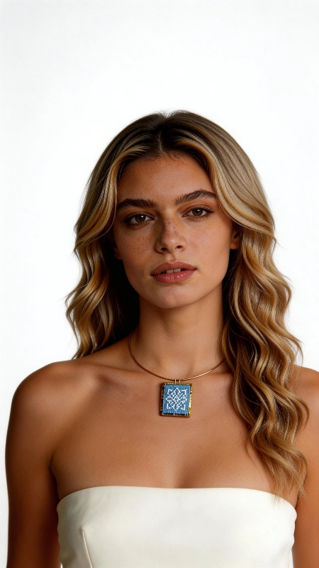 Κολιέ κεντητό γαλάζιο με γεωμετρικά σχέδια από χρυσοκλωστή δεμένο με ορείχαλκο - KOL-4708, Το κεντητό κολιέ με γεωμετρικά σχέδια σε γαλάζια απόχρωση αποτελεί ένα εντυπωσιακό κόσμημα που συνδυάζει την παραδοσιακή τέχνη του κεντήματος με τη σύγχρονη αισθητική. Σχεδιασμένο από την Ελληνίδα Σχεδιάστρια Κοσμημάτων Αικατερίνη Χαλκιαδάκη, αυτό το μοναδικό statement κολιέ φέρει λεπτομερή γεωμετρικά μοτίβα κεντημένα με χρυσοκλωστή σε γαλάζιο υπόβαθρο. Το χειροποίητο κολιέ διαθέτει τετράγωνο σχήμα που προσδίδει μοντέρνα elegance στην παραδοσιακή τεχνική του κεντήματος. Η χρυσοκλωστή δημιουργεί λαμπερές λεπτομέρειες που ξεχωρίζουν πάνω στο γαλάζιο ύφασμα, ενώ ο ορείχαλκος προσθέτει κομψότητα και αντοχή. Το μακρύ κολιέ είναι ιδανικό για layering ή ως αυτόνομο statement piece. Αυτό το εντυπωσιακό κεντητό κολιέ συνδυάζεται τέλεια με λευκά, γαλάζια ή χρυσαφί ρούχα. Για τη διατήρηση της ομορφιάς του, αποφύγετε την επαφή με νερό και αποθηκεύστε το σε στεγνό μέρος. Υλικό: Ορείχαλκος, Ύφασμα