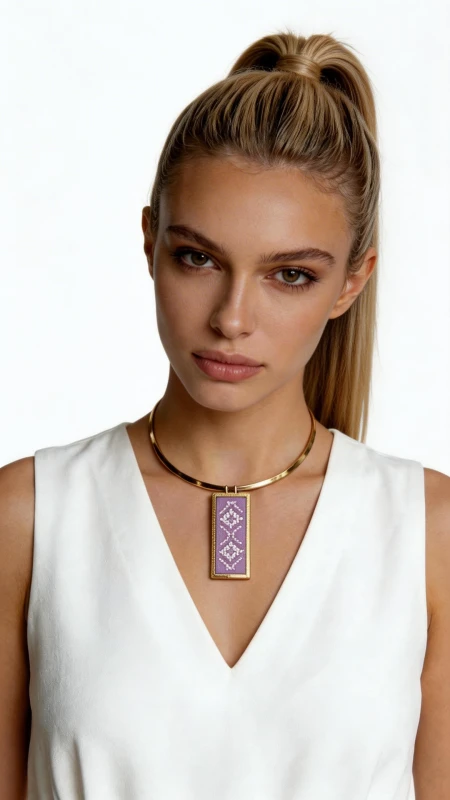 Κολιέ κεντητό λιλά με γεωμετρικά σχέδια από χρυσοκλωστή δεμένο με ορείχαλκο - KOL-4713, Ανακαλύψτε την τέχνη του παραδοσιακού κεντήματος σε ένα μοντέρνο κολιέ που συνδυάζει αρμονικά την κλασική ελληνική χειροτεχνία με σύγχρονο design. Αυτό το εντυπωσιακό κεντητό κολιέ σε απαλή λιλά απόχρωση, σχεδιασμένο από την Αικατερίνη Χαλκιαδάκη, διακοσμείται με περίτεχνα γεωμετρικά μοτίβα κεντημένα με χρυσοκλωστή που δημιουργούν έναν μαγευτικό συνδυασμό χρωμάτων. Το χειροποίητο κολιέ παρουσιάζει ορθογώνιο κεντητό στοιχείο σε κάνσιν ή εταμίν, με λεπτομερή γεωμετρικά σχέδια που αντανακλούν την πλούσια παράδοση του ελληνικού κεντήματος. Η χρυσοκλωστή προσδίδει λάμψη και κομψότητα, ενώ το ορείχαλκινο κούμπωμα εξασφαλίζει ασφάλεια και αντοχή. Το statement κομμάτι ολοκληρώνεται με μαύρο κορδόνι που δημιουργεί elegant contrast. Ιδανικό για να συμπληρώσει bohemian και ethnic εμφανίσεις, αυτό το γυναικείο κολιέ προσθέτει χρώμα και χαρακτήρα σε κάθε outfit. Φροντίστε το με απαλό καθαρισμό και αποθηκεύστε το σε στεγνό μέρος για να διατηρήσει την ομορφιά του. Υλικό: Ορείχαλκος, Ύφασμα