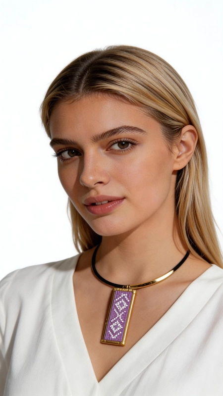 Κολιέ κεντητό λιλά με γεωμετρικά σχέδια από χρυσοκλωστή δεμένο με ορείχαλκο - KOL-4713, Ανακαλύψτε την τέχνη του παραδοσιακού κεντήματος σε ένα μοντέρνο κολιέ που συνδυάζει αρμονικά την κλασική ελληνική χειροτεχνία με σύγχρονο design. Αυτό το εντυπωσιακό κεντητό κολιέ σε απαλή λιλά απόχρωση, σχεδιασμένο από την Αικατερίνη Χαλκιαδάκη, διακοσμείται με περίτεχνα γεωμετρικά μοτίβα κεντημένα με χρυσοκλωστή που δημιουργούν έναν μαγευτικό συνδυασμό χρωμάτων. Το χειροποίητο κολιέ παρουσιάζει ορθογώνιο κεντητό στοιχείο σε κάνσιν ή εταμίν, με λεπτομερή γεωμετρικά σχέδια που αντανακλούν την πλούσια παράδοση του ελληνικού κεντήματος. Η χρυσοκλωστή προσδίδει λάμψη και κομψότητα, ενώ το ορείχαλκινο κούμπωμα εξασφαλίζει ασφάλεια και αντοχή. Το statement κομμάτι ολοκληρώνεται με μαύρο κορδόνι που δημιουργεί elegant contrast. Ιδανικό για να συμπληρώσει bohemian και ethnic εμφανίσεις, αυτό το γυναικείο κολιέ προσθέτει χρώμα και χαρακτήρα σε κάθε outfit. Φροντίστε το με απαλό καθαρισμό και αποθηκεύστε το σε στεγνό μέρος για να διατηρήσει την ομορφιά του. Υλικό: Ορείχαλκος, Ύφασμα