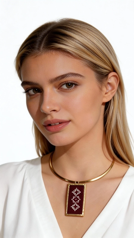 Ανακαλύψτε τη μαγεία της παραδοσιακής ελληνικής τέχνης με αυτό το μοναδικό κεντητό κολιέ σε μπορντό απόχρωση. Σχεδιασμένο από την Ελληνίδα Σχεδιάστρια Κοσμημάτων Αικατερίνη Χαλκιαδάκη, αυτό το εντυπωσιακό statement κολιέ συνδυάζει την κομψότητα του χρυσοκλωστού κεντήματος με τη μοντέρνα αισθητική. Το κολιέ διαθέτει γεωμετρικά σχέδια κεντημένα με χρυσοκλωστή σε βαθιά μπορντό βάση, δημιουργώντας έναν εκπληκτικό συνδυασμό χρωμάτων που προσελκύει τα βλέμματα. Η λεπτομερής χειροτεχνία και το κεντητό μοτίβο τονίζουν την παραδοσιακή ελληνική κουλτούρα με σύγχρονη πινελιά. Ιδανικό για γυναίκες που αγαπούν τα χειροποίητα κοσμήματα με ιστορία, αυτό το κολιέ συμπληρώνει τέλεια τόσο καθημερινά όσο και επίσημα σύνολα. Το ορείχαλκινο choker στυλ δέσιμο προσφέρει άνετη εφαρμογή και κομψή εμφάνιση. Το κεντητό κολιέ φροντίζεται εύκολα με απαλό καθάρισμα και φύλαξη σε στεγνό μέρος. Ένα μοναδικό κομμάτι που εκφράζει την προσωπικότητά σας με ελληνική κομψότητα. Υλικό: Ορείχαλκος, Ύφασμα
