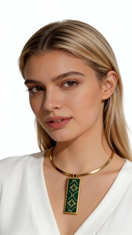 Κολιέ κεντητό πράσινο με γεωμετρικά σχέδια από χρυσοκλωστή δεμένο με ορείχαλκο - KOL-4707, Ανακαλύψτε την τέλεια ισορροπία μεταξύ παραδοσιακής τέχνης και σύγχρονου στυλ με αυτό το εντυπωσιακό κεντητό κολιέ σε πράσινες αποχρώσεις. Σχεδιασμένο από την Ελληνίδα Σχεδιάστρια Κοσμημάτων Αικατερίνη Χαλκιαδάκη, αυτό το χειροποίητο κόσμημα συνδυάζει γεωμετρικά σχέδια με χρυσοκλωστή για ένα μοναδικό αποτέλεσμα που ξεχωρίζει. Η ιδιαίτερη τεχνική κεντήματος σε εταμίν δημιουργεί έναν εκλεπτυσμένο συνδυασμό πράσινων τόνων που λαμπυρίζουν χάρη στη χρυσοκλωστή. Το κολιέ ολοκληρώνεται με ορείχαλκο που προσδίδει μια vintage πινελιά και εξασφαλίζει ανθεκτικότητα. Το statement design του το καθιστά ιδανικό για ιδιαίτερες περιστάσεις αλλά και για την καθημερινότητα όταν θέλετε να προσθέσετε χρώμα και στυλ στο look σας. Υλικό: Ορείχαλκος, Ύφασμα Συμπληρώστε το με άλλα κοσμήματα της ίδιας συλλογής για μια ολοκληρωμένη εμφάνιση. Φυλάξτε το σε στεγνό μέρος μακριά από άμεση ηλιακή ακτινοβολία για να διατηρηθούν τα χρώματα του.
