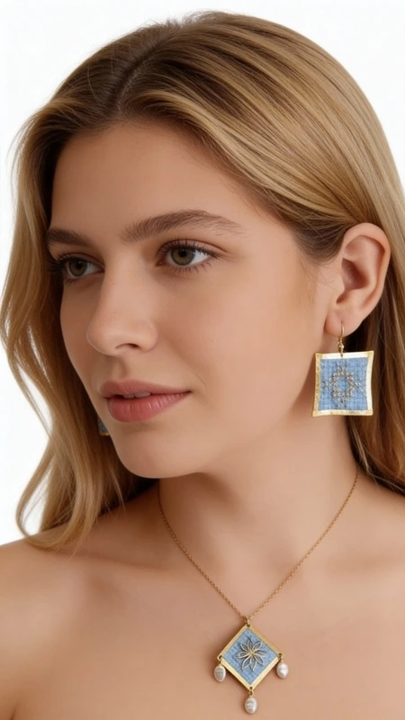 Κολιέ κεντητό γαλάζιο με γεωμετρικά σχέδια από χρυσοκλωστή δεμένο με ορείχαλκο - KOL-4699, Ανακαλύψτε τη μαγεία του παραδοσιακού κεντήματος με αυτό το εξαιρετικό κολιέ κεντητό γαλάζιο που συνδυάζει αρμονικά την ελληνική παράδοση με τη σύγχρονη αισθητική. Σχεδιασμένο από την Ελληνίδα Σχεδιάστρια Κοσμημάτων Αικατερίνη Χαλκιαδάκη, το κόσμημα αυτό αποτελεί ένα μοναδικό statement piece που θα αναδείξει κάθε σας εμφάνιση.
Το κεντητό pendant παρουσιάζει ένα γεωμετρικό σχέδιο με χρυσές λεπτομέρειες που δημιουργούν μια εντυπωσιακή σύνθεση στο γαλάζιο φόντο. Οι κομψές πέρλες που κρέμονται από το κάτω μέρος προσδίδουν κίνηση και elegance, ενώ η χρυσή αλυσίδα από ορείχαλκο συμπληρώνει τέλεια το συνολικό design. Το γαλάζιο χρώμα αποπνέει φρεσκάδα και είναι ιδανικό για καλοκαιρινές εμφανίσεις αλλά και για κομψά evening looks.
Φροντίδα: Αποφύγετε την επαφή με νερό και αρώματα. Φυλάξτε σε στεγνό μέρος.
Υλικό: Ορείχαλκος, Ύφασμα 
Πέτρα: Πέρλα