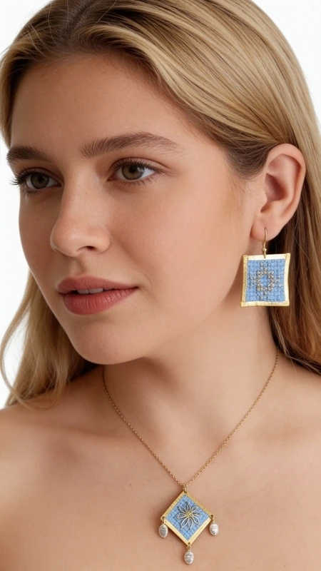 Κολιέ κεντητό γαλάζιο με γεωμετρικά σχέδια από χρυσοκλωστή δεμένο με ορείχαλκο - KOL-4699, Ανακαλύψτε τη μαγεία του παραδοσιακού κεντήματος με αυτό το εξαιρετικό κολιέ κεντητό γαλάζιο που συνδυάζει αρμονικά την ελληνική παράδοση με τη σύγχρονη αισθητική. Σχεδιασμένο από την Ελληνίδα Σχεδιάστρια Κοσμημάτων Αικατερίνη Χαλκιαδάκη, το κόσμημα αυτό αποτελεί ένα μοναδικό statement piece που θα αναδείξει κάθε σας εμφάνιση.
Το κεντητό pendant παρουσιάζει ένα γεωμετρικό σχέδιο με χρυσές λεπτομέρειες που δημιουργούν μια εντυπωσιακή σύνθεση στο γαλάζιο φόντο. Οι κομψές πέρλες που κρέμονται από το κάτω μέρος προσδίδουν κίνηση και elegance, ενώ η χρυσή αλυσίδα από ορείχαλκο συμπληρώνει τέλεια το συνολικό design. Το γαλάζιο χρώμα αποπνέει φρεσκάδα και είναι ιδανικό για καλοκαιρινές εμφανίσεις αλλά και για κομψά evening looks.
Φροντίδα: Αποφύγετε την επαφή με νερό και αρώματα. Φυλάξτε σε στεγνό μέρος.
Υλικό: Ορείχαλκος, Ύφασμα 
Πέτρα: Πέρλα