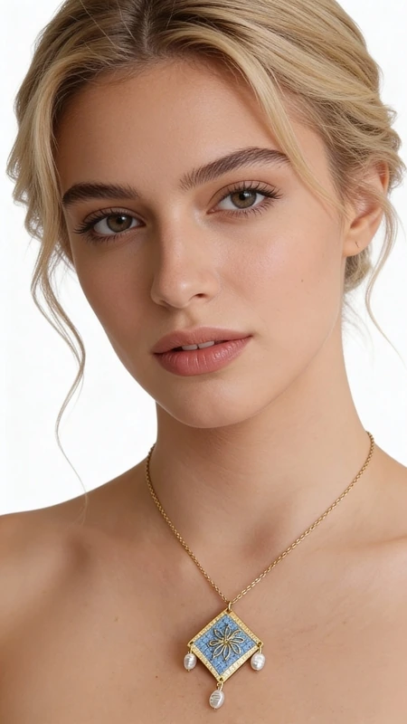 Κολιέ κεντητό γαλάζιο με γεωμετρικά σχέδια από χρυσοκλωστή δεμένο με ορείχαλκο - KOL-4699, Ανακαλύψτε τη μαγεία του παραδοσιακού κεντήματος με αυτό το εξαιρετικό κολιέ κεντητό γαλάζιο που συνδυάζει αρμονικά την ελληνική παράδοση με τη σύγχρονη αισθητική. Σχεδιασμένο από την Ελληνίδα Σχεδιάστρια Κοσμημάτων Αικατερίνη Χαλκιαδάκη, το κόσμημα αυτό αποτελεί ένα μοναδικό statement piece που θα αναδείξει κάθε σας εμφάνιση.
Το κεντητό pendant παρουσιάζει ένα γεωμετρικό σχέδιο με χρυσές λεπτομέρειες που δημιουργούν μια εντυπωσιακή σύνθεση στο γαλάζιο φόντο. Οι κομψές πέρλες που κρέμονται από το κάτω μέρος προσδίδουν κίνηση και elegance, ενώ η χρυσή αλυσίδα από ορείχαλκο συμπληρώνει τέλεια το συνολικό design. Το γαλάζιο χρώμα αποπνέει φρεσκάδα και είναι ιδανικό για καλοκαιρινές εμφανίσεις αλλά και για κομψά evening looks.
Φροντίδα: Αποφύγετε την επαφή με νερό και αρώματα. Φυλάξτε σε στεγνό μέρος.
Υλικό: Ορείχαλκος, Ύφασμα 
Πέτρα: Πέρλα