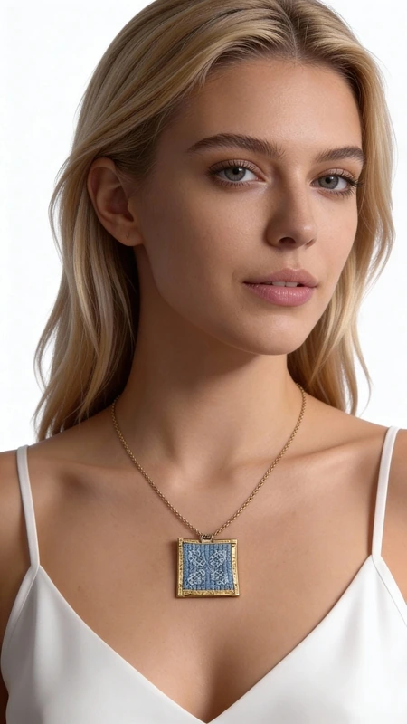 Ανακαλύψτε την τέχνη του παραδοσιακού κεντήματος σε ένα μοναδικό κολιέ που συνδυάζει την ελληνική παράδοση με τη σύγχρονη αισθητική. Αυτό το εντυπωσιακό κεντητό κολιέ σε γαλάζιο χρώμα, σχεδιασμένο από την Ελληνίδα Σχεδιάστρια Κοσμημάτων Αικατερίνη Χαλκιαδάκη, φέρει γεωμετρικά μοτίβα κεντημένα με χρυσοκλωστή που αναδεικνύουν την κομψότητά σας.\u000AΚάθε λεπτομέρεια αυτού του χειροποίητου κοσμήματος έχει φροντιστεί με ιδιαίτερη προσοχή. Η γαλάζια απόχρωση του υφάσματος συνδυάζεται αρμονικά με τα χρυσά νήματα, δημιουργώντας ένα statement κολιέ που ταιριάζει τόσο στην καθημερινότητα όσο και σε ειδικές περιστάσεις. Ο ορείχαλκος που πλαισιώνει το κέντημα προσδίδει μια vintage πινελιά που συμπληρώνει το παραδοσιακό design.\u000AΤο κολιέ αυτό αποτελεί την τέλεια επιλογή για τη γυναίκα που αγαπά τα χειροποίητα κοσμήματα με ιστορία. Συνδυάστε το με απλά ρούχα για να το αναδείξετε ή φορέστε το σε στρώσεις για έναν πιο μοντέρνο look. Φροντίστε το με απαλό καθάρισμα και αποθηκεύστε το σε στεγνό μέρος για να διατηρήσει τη λάμψη του.\u000AΥλικό: Ορείχαλκος, Ύφασμα