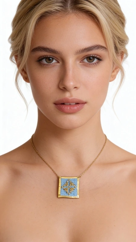 Αυτό το εξαιρετικό κεντητό κολιέ σε γαλάζιο χρώμα με γεωμετρικά σχέδια αποτελεί έναν μοναδικό συνδυασμό παραδοσιακής τέχνης και σύγχρονου design. Σχεδιασμένο από την Ελληνίδα Σχεδιάστρια Κοσμημάτων Αικατερίνη Χαλκιαδάκη, κάθε λεπτομέρεια κεντήθηκε στο χέρι με χρυσοκλωστή σε φόντο γαλάζιου υφάσματος, δημιουργώντας ένα κόσμημα που ξεχωρίζει.\u000AΤο τετράγωνο κεντητό μοτίβο φέρει πολύχρωμα γεωμετρικά σχέδια που παραπέμπουν στο ελληνικό folklore, ενώ το χρυσό πλαίσιο από ορείχαλκο προσδίδει κομψότητα και αντοχή. Η λεπτή χρυσή αλυσίδα καθιστά το κολιέ ιδανικό για καθημερινή ή βραδινή εμφάνιση.\u000AΑυτό το statement κολιέ συνδυάζεται τέλεια με μονόχρωμα outfits, προσθέτοντας χρώμα και χαρακτήρα στο look σας. Η χειροποίητη κατασκευή και τα ποιοτικά υλικά εγγυώνται τη μακροζωία του κοσμήματος.\u000AΦυλάσσετε το κολιέ σε στεγνό χώρο και καθαρίζετε απαλά με μαλακό πανί για να διατηρήσετε τα ζωηρά χρώματα του κεντήματος.\u000AΥλικό: Ορείχαλκος, Ύφασμα