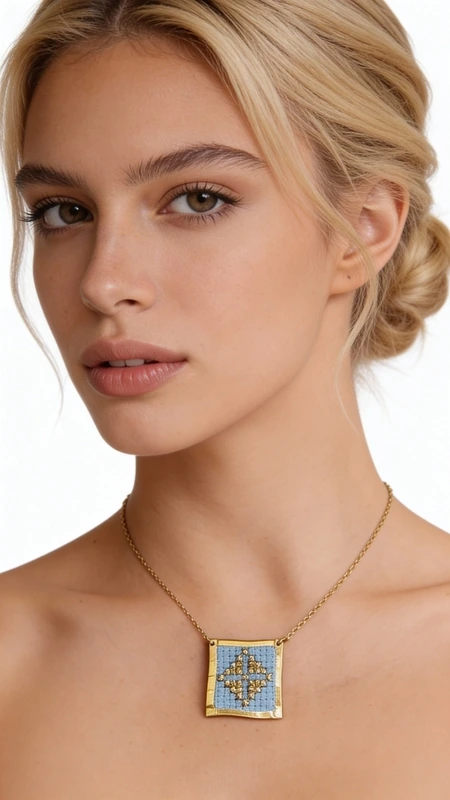 Κολιέ κεντητό γαλάζιο με γεωμετρικά σχέδια από χρυσοκλωστή δεμένο με ορείχαλκο - KOL-4702, Αυτό το εξαιρετικό κεντητό κολιέ σε γαλάζιο χρώμα με γεωμετρικά σχέδια αποτελεί έναν μοναδικό συνδυασμό παραδοσιακής τέχνης και σύγχρονου design. Σχεδιασμένο από την Ελληνίδα Σχεδιάστρια Κοσμημάτων Αικατερίνη Χαλκιαδάκη, κάθε λεπτομέρεια κεντήθηκε στο χέρι με χρυσοκλωστή σε φόντο γαλάζιου υφάσματος, δημιουργώντας ένα κόσμημα που ξεχωρίζει.
Το τετράγωνο κεντητό μοτίβο φέρει πολύχρωμα γεωμετρικά σχέδια που παραπέμπουν στο ελληνικό folklore, ενώ το χρυσό πλαίσιο από ορείχαλκο προσδίδει κομψότητα και αντοχή. Η λεπτή χρυσή αλυσίδα καθιστά το κολιέ ιδανικό για καθημερινή ή βραδινή εμφάνιση.
Αυτό το statement κολιέ συνδυάζεται τέλεια με μονόχρωμα outfits, προσθέτοντας χρώμα και χαρακτήρα στο look σας. Η χειροποίητη κατασκευή και τα ποιοτικά υλικά εγγυώνται τη μακροζωία του κοσμήματος.
Φυλάσσετε το κολιέ σε στεγνό χώρο και καθαρίζετε απαλά με μαλακό πανί για να διατηρήσετε τα ζωηρά χρώματα του κεντήματος.
Υλικό: Ορείχαλκος, Ύφασμα