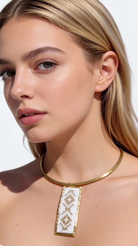 Ανακαλύψτε την τέχνη του κεντήματος στα κοσμήματα με αυτό το εξαιρετικό κολιέ κεντητό λευκό που συνδυάζει παραδοσιακή τεχνική με σύγχρονο design. Σχεδιασμένο από την Ελληνίδα Σχεδιάστρια Κοσμημάτων Αικατερίνη Χαλκιαδάκη, αυτό το μοναδικό κόσμημα φέρει γεωμετρικά σχέδια κεντημένα με χρυσοκλωστή σε λευκό ύφασμα, δημιουργώντας μια εντυπωσιακή αντίθεση που τραβά τα βλέμματα.\u000AΤο statement κολιέ διαθέτει τετράγωνη κρεμαστή επιφάνεια που προβάλλει με υπερηφάνεια τα χειροποίητα γεωμετρικά μοτίβα, ενώ συμπληρώνεται από χρυσό μεταλλικό περιλαίμιο από ορείχαλκο που προσδίδει κομψότητα και σταθερότητα. Η λευκή βάση με τη χρυσή κλωστή δημιουργεί έναν τέλειο συνδυασμό που ταιριάζει ιδανικά με καλοκαιρινά outfits και bohemian στυλ.\u000AΙδανικό για καθημερινή ή βραδινή εμφάνιση, αυτό το κεντητό κολιέ προσθέτει έναν καλλιτεχνικό χαρακτήρα στο στυλ σας. Συντηρείται εύκολα με απαλό καθάρισμα και φύλαξη σε στεγνό περιβάλλον.\u000AΥλικό: Ορείχαλκος, Ύφασμα