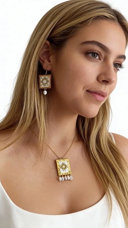 Κολιέ κεντητό λευκό με γεωμετρικά σχέδια από χρυσοκλωστή δεμένο με ορείχαλκο - KOL-4697, Ανακαλύψτε την κομψότητα του κεντητού κολιέ με γεωμετρικά σχέδια σε λευκό χρώμα, σχεδιασμένο από την Ελληνίδα Σχεδιάστρια Κοσμημάτων Αικατερίνη Χαλκιαδάκη. Αυτό το statement κόσμημα συνδυάζει την παραδοσιακή τέχνη του κεντήματος με σύγχρονη αισθητική, δημιουργώντας ένα μοναδικό αξεσουάρ που ξεχωρίζει.
Το κολιέ διαθέτει κεντητό τετράγωνο στοιχείο με χρυσή κλωστή που δημιουργεί εντυπωσιακά γεωμετρικά μοτίβα σε λευκή βάση. Η κατασκευή από ορείχαλκο εγγυάται ανθεκτικότητα και διατήρηση του χρώματος, ενώ οι κρεμαστές λεπτομέρειες προσθέτουν κίνηση και φως στο σχέδιο. Το χειροποίητο κέντημα αναδεικνύει την ελληνική τεχνοτροπία και προσφέρει έναν μοναδικό χαρακτήρα σε κάθε κομμάτι.
Ιδανικό για ιδιαίτερες εμφανίσεις και καθημερινή κομψότητα, αυτό το μαργαριταρένιο κολιέ συνδυάζεται τέλεια με λευκά και nude outfit. Το μέγεθός του το καθιστά εντυπωσιακό statement κόσμημα που τραβάει τα βλέμματα.
Φυλάσσετε σε στεγνό μέρος και αποφεύγετε την επαφή με υγρασία και αρώματα για να διατηρήσετε τη λάμψη του κοσμήματος.
Υλικό: Ορείχαλκος, Ύφασμα 
Πέτρα: Πέρλα