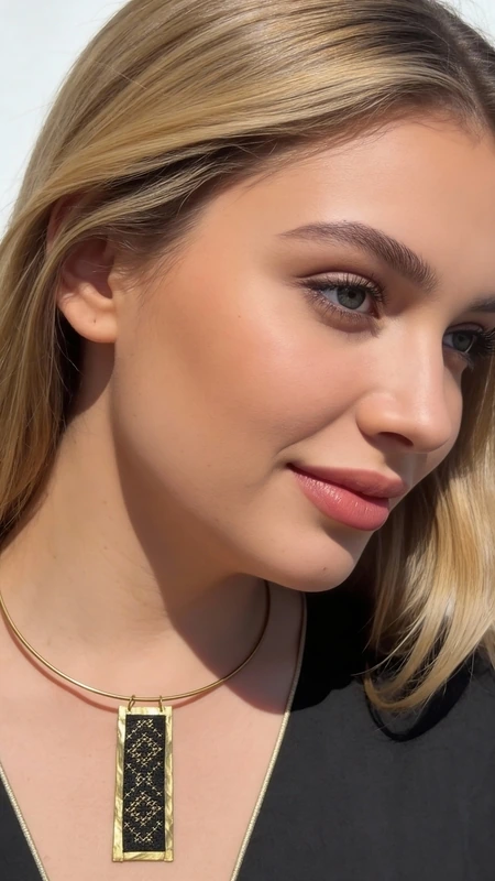 Ανακαλύψτε τη μαγεία του παραδοσιακού κεντήματος με αυτό το εντυπωσιακό κολιέ που συνδυάζει τη λαϊκή τέχνη με τη σύγχρονη αισθητική. Σχεδιασμένο από την Ελληνίδα Σχεδιάστρια Κοσμημάτων Αικατερίνη Χαλκιαδάκη, αυτό το statement κολιέ φέρει γεωμετρικά μοτίβα κεντημένα με χρυσοκλωστή σε μαύρο ύφασμα, δημιουργώντας μια μοναδική σύνθεση που τραβά τα βλέμματα.\u000AΤο κολιέ διαθέτει ορθογώνιο κεντρικό στοιχείο με περίτεχνα γεωμετρικά σχέδια που θυμίζουν την παραδοσιακή ελληνική κεντητική. Η χρυσή κλωστή αντιπαραβάλλεται όμορφα με το βαθύ μαύρο χρώμα του υφάσματος, ενώ το πλαίσιο από ορείχαλκο προσδίδει μια vintage πινελιά. Η ρυθμιζόμενη αλυσίδα εξασφαλίζει άνετη εφαρμογή και ευελιξία στο styling.\u000AΙδανικό για να συμπληρώσει τόσο casual όσο και πιο επίσημα look, αυτό το χειροποίητο κόσμημα είναι η τέλεια επιλογή για γυναίκες που αγαπούν τα μοναδικά αξεσουάρ με ιστορία και χαρακτήρα.\u000AΥλικό: Ορείχαλκος, Ύφασμα