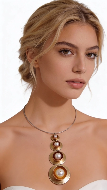 Μεγάλο γυναικείο κολιέ μακρύ με πέρλες - 2986, Ανακαλύψτε τη μαγεία του μεγάλου γυναικείου κολιέ μακρύ με πέρλες, ένα εντυπωσιακό χειροποίητο κόσμημα που συνδυάζει την κλασική κομψότητα με τη μοντέρνα αισθητική. Σχεδιασμένο από την Ελληνίδα Σχεδιάστρια Κοσμημάτων Αικατερίνη Χαλκιαδάκη, αυτό το statement κολιέ μεταμορφώνει κάθε εμφάνιση σε μια υπόθεση στυλ.
Το μοναδικό σχέδιο παρουσιάζει πέντε κυκλικούς δίσκους από ορείχαλκο σε χρυσή απόχρωση, που μειώνονται προοδευτικά σε μέγεθος και φιλοξενούν λευκές πέρλες διαφορετικών διαστάσεων. Η γεωμετρική διάταξη δημιουργεί ένα εντυπωσιακό οπτικό αποτέλεσμα που προσελκύει το βλέμμα, ενώ το λεπτό metal wire καλώδιο εξασφαλίζει άνετη εφαρμογή.
Αυτό το μακρύ κολιέ με μαργαριτάρια είναι ιδανικό για βραδινές εμφανίσεις, ειδικές περιστάσεις ή για να προσθέσετε μια δόση κομψότητας στην καθημερινή σας εμφάνιση. Συνδυάζεται τέλεια με μονόχρωμα outfits και προσφέρει endless layering δυνατότητες.
Υλικό: Ορείχαλκος 
Πέτρα: Πέρλα