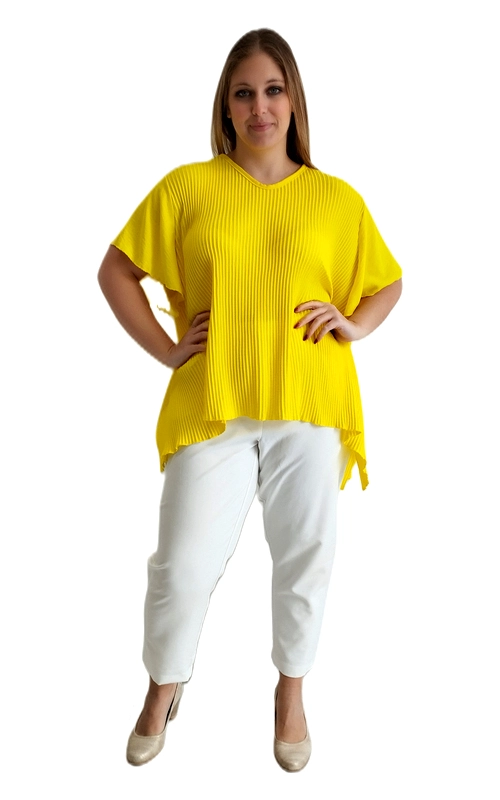 Ανακαλύψτε τη χαρά του καλοκαιριού με αυτή την εντυπωσιακή κοντομάνικη μπλούζα σε ζωηρό κίτρινο χρώμα, που θα φωτίσει κάθε σας εμφάνιση. Το πλισέ ύφασμα δημιουργεί κάθετες γραμμές που αδυνατίζουν οπτικά τη σιλουέτα, ενώ παράλληλα προσφέρουν μια κομψή, δυναμική αισθητική. Η ευρύχωρη, oversized γραμμή της την καθιστά ιδανική επιλογή για plus size γυναίκες, εξασφαλίζοντας άνεση και ελευθερία κινήσεων καθ\u0027 όλη τη διάρκεια της ημέρας. Το V\u002Dλαιμόκοψη και τα φαρδιά κοντά μανίκια τύπου νυχτερίδα προσδίδουν ένα μοντέρνο, αέρινο χαρακτήρα, ενώ το ασύμμετρο τελείωμα στο κάτω μέρος της μπλούζας προσθέτει έναν ξεχωριστό, fashion\u002Dforward τόνο. Μπορεί να φορεθεί με λευκό παντελόνι για ένα φρέσκο, καλοκαιρινό look, αλλά και με τζιν ή φούστα για πιο casual εμφανίσεις. Κατάλληλη τόσο για καθημερινές εξόδους όσο και για χαλαρές βραδινές συναντήσεις, αυτή η μπλούζα αποτελεί must\u002Dhave κομμάτι για κάθε γυναικεία γκαρνταρόμπα.