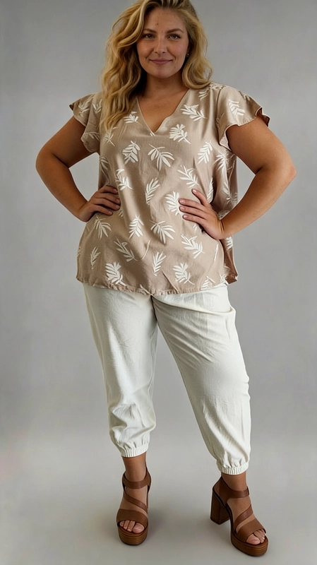Ανακαλύψτε αυτή την υπέροχη μπλούζα plus size σε αμμουδί χρώμα με λευκό floral μοτίβο από φύλλα φοίνικα, που αποπνέει καλοκαιρινή φρεσκάδα και χαλαρή κομψότητα. Η V\u002Dλαιμόκοψη χαρίζει μια θηλυκή γραμμή, ενώ τα βολάν στα μανίκια προσθέτουν έναν παιχνιδιάρικο και ρομαντικό τόνο στο σύνολο. Η χαλαρή εφαρμογή εξασφαλίζει άνεση καθ\u0027 όλη τη διάρκεια της ημέρας, ενώ το ελαφρύ ύφασμα την καθιστά ιδανική για ζεστές μέρες. Μπορεί να φορεθεί με λευκό παντελόνι jogger ή τζιν για ένα casual look, αλλά και με λινό παντελόνι για μια πιο επίσημη εμφάνιση. Ιδανική για βόλτες, καφέ με φίλες, αλλά και για εκδρομές στην παραλία. Συνδυάστε τη με καφέ πλατφόρμες ή σανδάλια για ένα πλήρες καλοκαιρινό σύνολο που θα σας κάνει να ξεχωρίσετε. Μια must\u002Dhave επιλογή για κάθε γυναίκα που αγαπά τον άνετο και μοντέρνο τρόπο ντυσίματος.