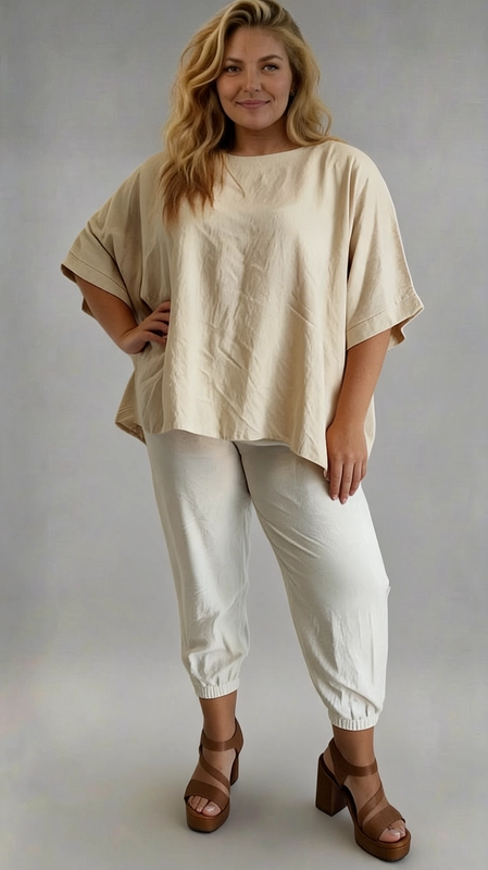 Η oversized μπλούζα σε αμμουδί\u002Dμπεζ απόχρωση διαθέτει φαρδιά κιμονό μανίκια με διπλωμένο τελείωμα, στρογγυλή λαιμόκοψη και χαλαρή γραμμή που αγκαλιάζει το σώμα με χάρη. Το ελαφρύ ύφασμα προσφέρει εξαιρετική άνεση, ενώ η ασύμμετρη κοπή στο τελείωμα προσθέτει μια μοντέρνα πινελιά. Συνδυάζεται τέλεια με το ίδιο σετ παντελόνι σε κρεμ\u002Dλευκό χρώμα, με ελαστική μανσέτα στους αστραγάλους που δίνει ένα sporty\u002Dchic αποτέλεσμα. Η σιλουέτα του συνόλου είναι ρευστή και κολακευτική, ιδανική για plus size σώματα. Μπορεί να φορεθεί σε καθημερινές εξόδους, σε καλοκαιρινές βόλτες ή σε χαλαρές συναντήσεις με φίλες. Συνδυάστε το με καφέ platform πέδιλα για ένα ολοκληρωμένο look, ή με λευκά sneakers για πιο casual εμφάνιση. Ένα must\u002Dhave επιλογή για κάθε γυναίκα που αναζητά άνεση χωρίς να θυσιάζει το στυλ της.