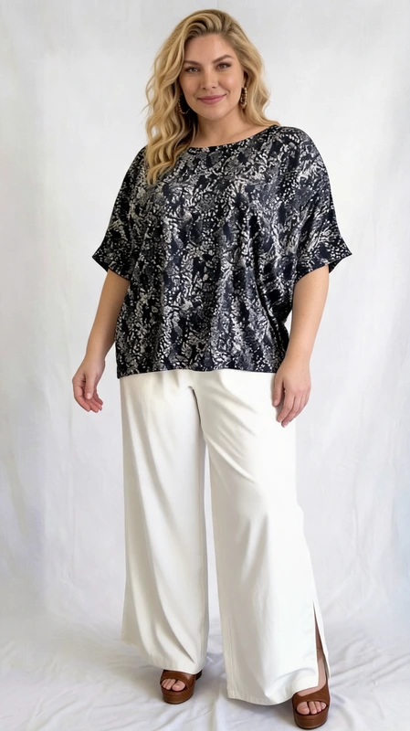 Κομψή κοντομάνικη μπλούζα plus size που συνδυάζει στυλ και άνεση σε ένα μοναδικό σχέδιο. Το εντυπωσιακό abstract μοτίβο της σε σκούρο ναυτικό μπλε και λευκό χρώμα δημιουργεί μια δυναμική αισθητική που κολακεύει κάθε σιλουέτα. Η φαρδιά, oversized εφαρμογή της προσφέρει εξαιρετική άνεση, ενώ η στρογγυλή λαιμόκοψη και τα κοντά μανίκια με διπλωμένο τελείωμα προσδίδουν έναν ιδιαίτερο χαρακτήρα. Το ελαφρύ ύφασμά της την κάνει ιδανική επιλογή για τις ζεστές μέρες, ενώ η χαλαρή γραμμή της εξασφαλίζει άψογη εφαρμογή σε μεγαλύτερα μεγέθη. Μπορεί να φορεθεί με λευκό παντελόνι palazzo για ένα κομψό casual look, όπως φαίνεται στη φωτογραφία, αλλά και με τζιν ή κολάν για πιο καθημερινές εμφανίσεις. Κατάλληλη για βόλτες, επαγγελματικές συναντήσεις σε casual περιβάλλον ή καλοκαιρινές εξόδους, αποτελεί ένα must\u002Dhave κομμάτι για κάθε γυναίκα που αναζητά άνεση χωρίς να θυσιάζει το στυλ της.
